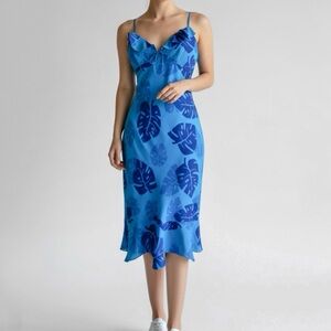 Vtg Y2K Tropical Midi Dress Sz 8 Coconut Girl 90s Blue Ruffle Beachy Hawaiian